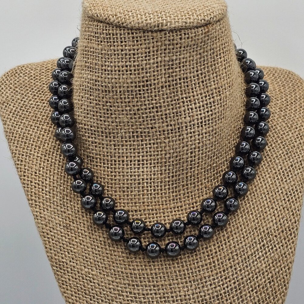 Long 32 in Strand Hematite Bead Necklace Knotted Black Natural Pullover Vintage